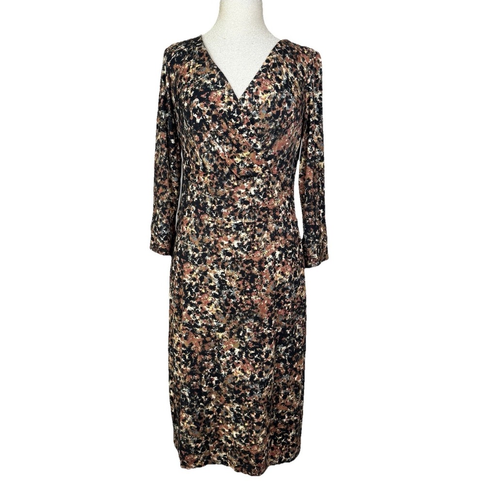Peruvian Connection Faux Wrap Printed Dress Size M Long Sleeve Stretch V‎ Neck